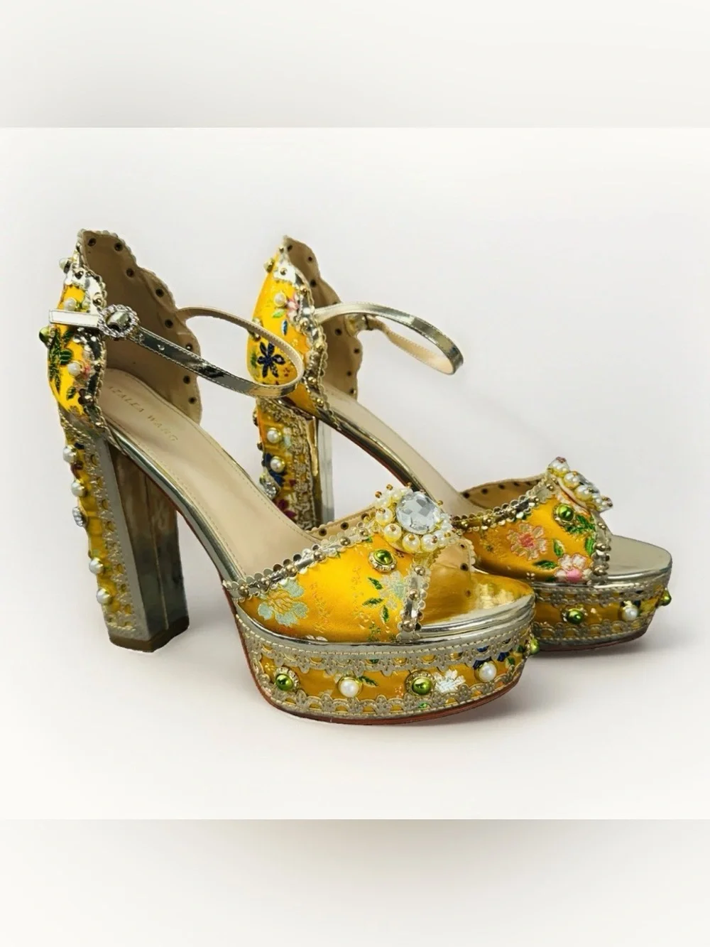 Azalea Wang Cici Yellow Gold Jeweled Baroque Platform Heels